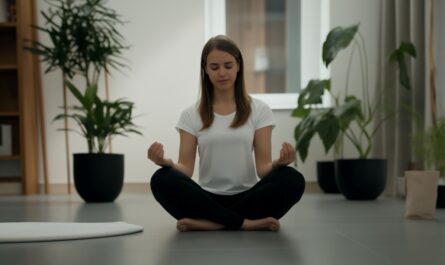 Frau sitzt meditierend in einem hellen Raum, entspannt sich und findet Balance zwischen Arbeit und Freizeit.