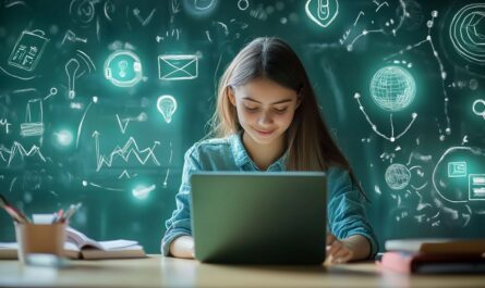 Ein junges Mädchen lernt mit Mathe Nachhilfe Online an ihrem Laptop. Digitale Symbole im Hintergrund symbolisieren modernes Lernen und innovative Lernmethoden.