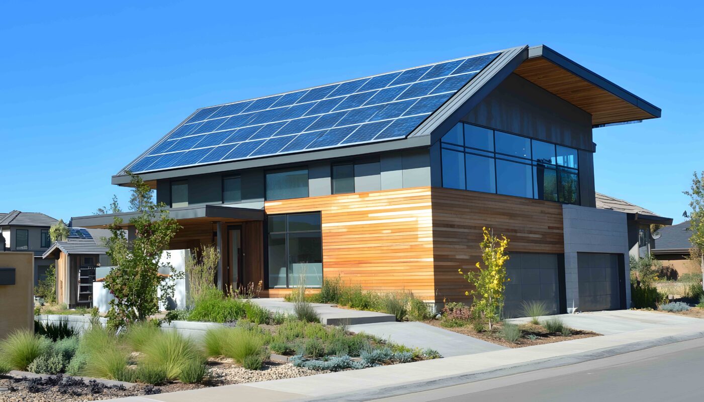 Modernes Haus mit Solarpanelen auf dem Dach