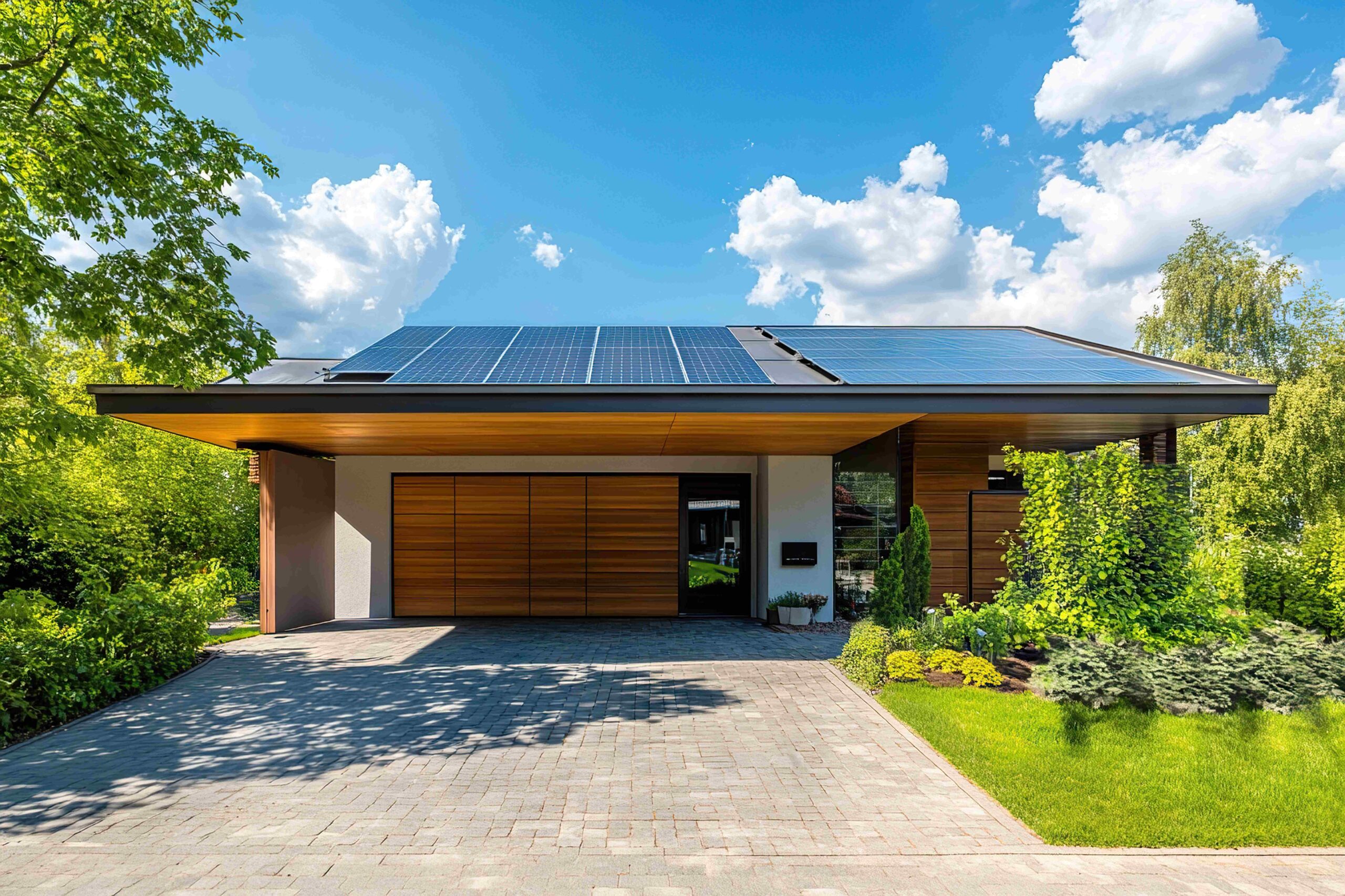 Moderner Carport, der an ein Einfamilienhaus angebaut ist, mit Sonnenkollektoren auf dem Dach und einer Wallbox zum Aufladen von Elektrofahrzeugen