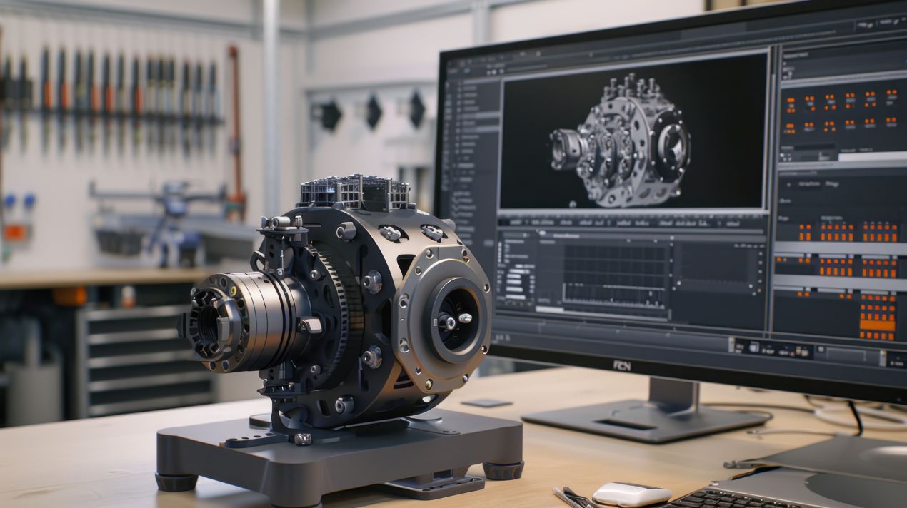 Mechanisches Bauteil vor CAD-Modell auf Monitor – AutoML Software im Einsatz zur Echtzeit-Simulation industrieller Komponenten