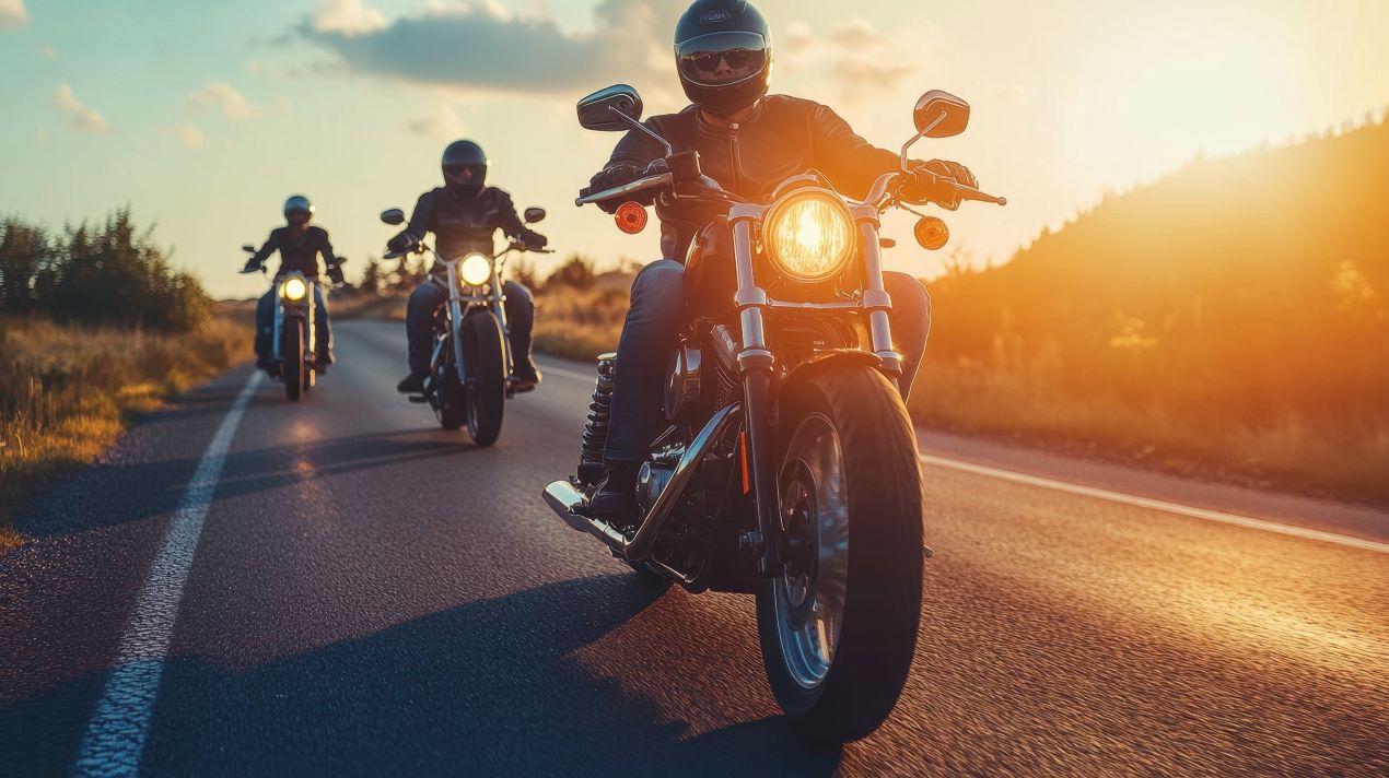 Drei Motorradfahrer auf Landstraße bei Sonnenuntergang – symbolisch für Reisen mit der Suzuki V-Strom 1050