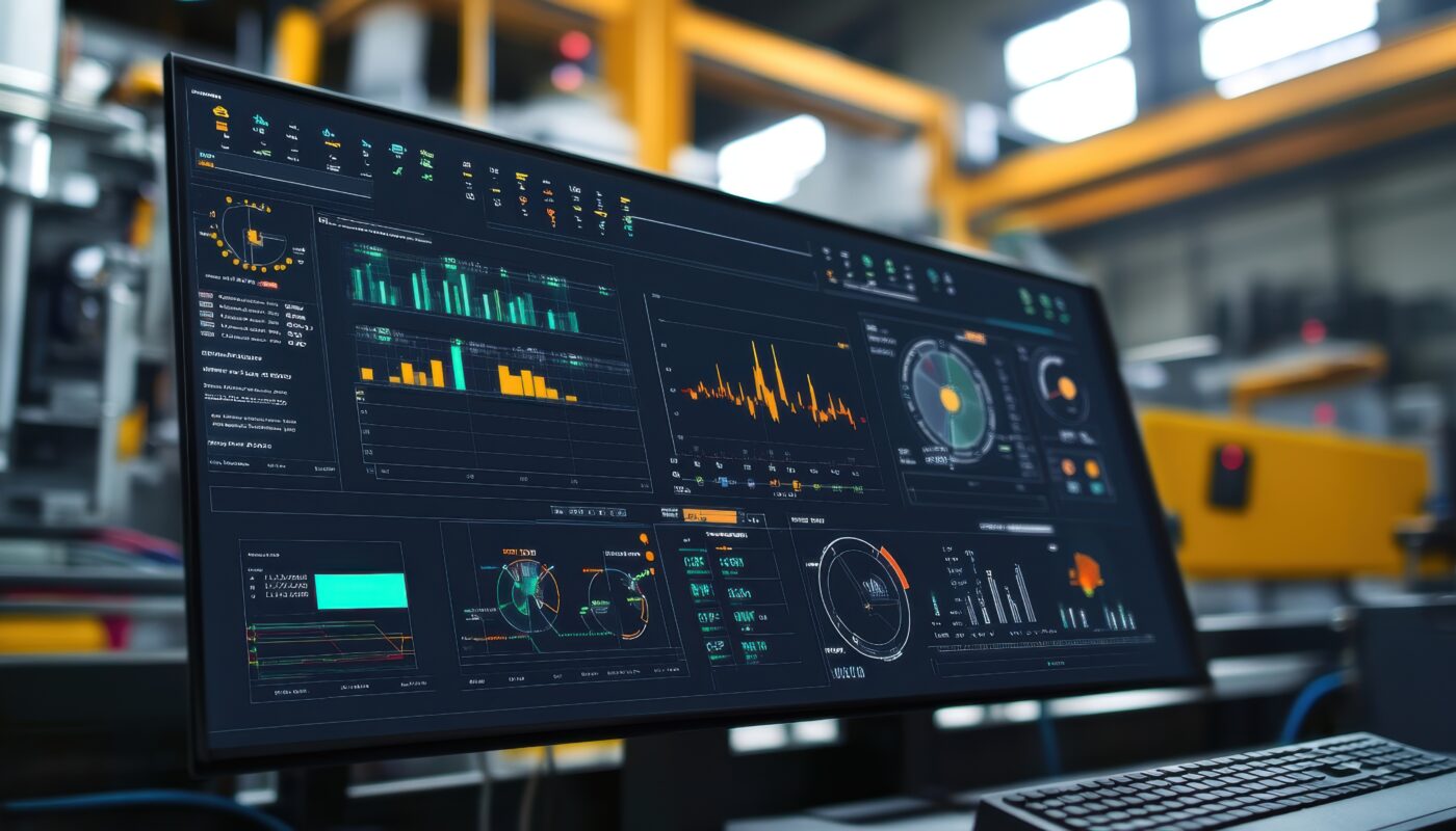 Industrieller Monitor zeigt Echtzeit-Daten und Analysecharts – Visualisierung durch AutoML Software in einer Fertigungsumgebung