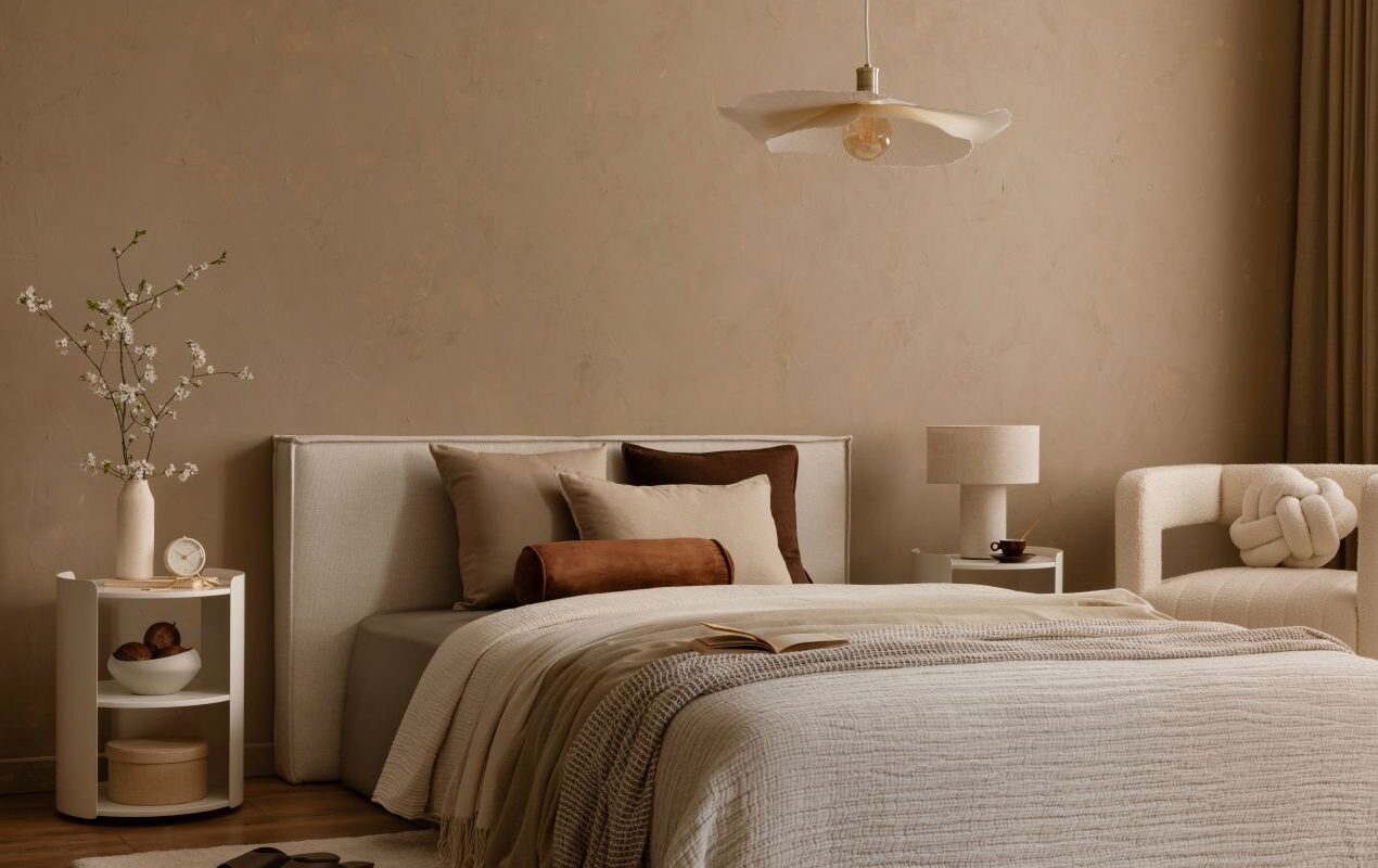 beiges schlafzimmer mit spannbettlaken 200x200 und dekorativen textilien in warmen farben