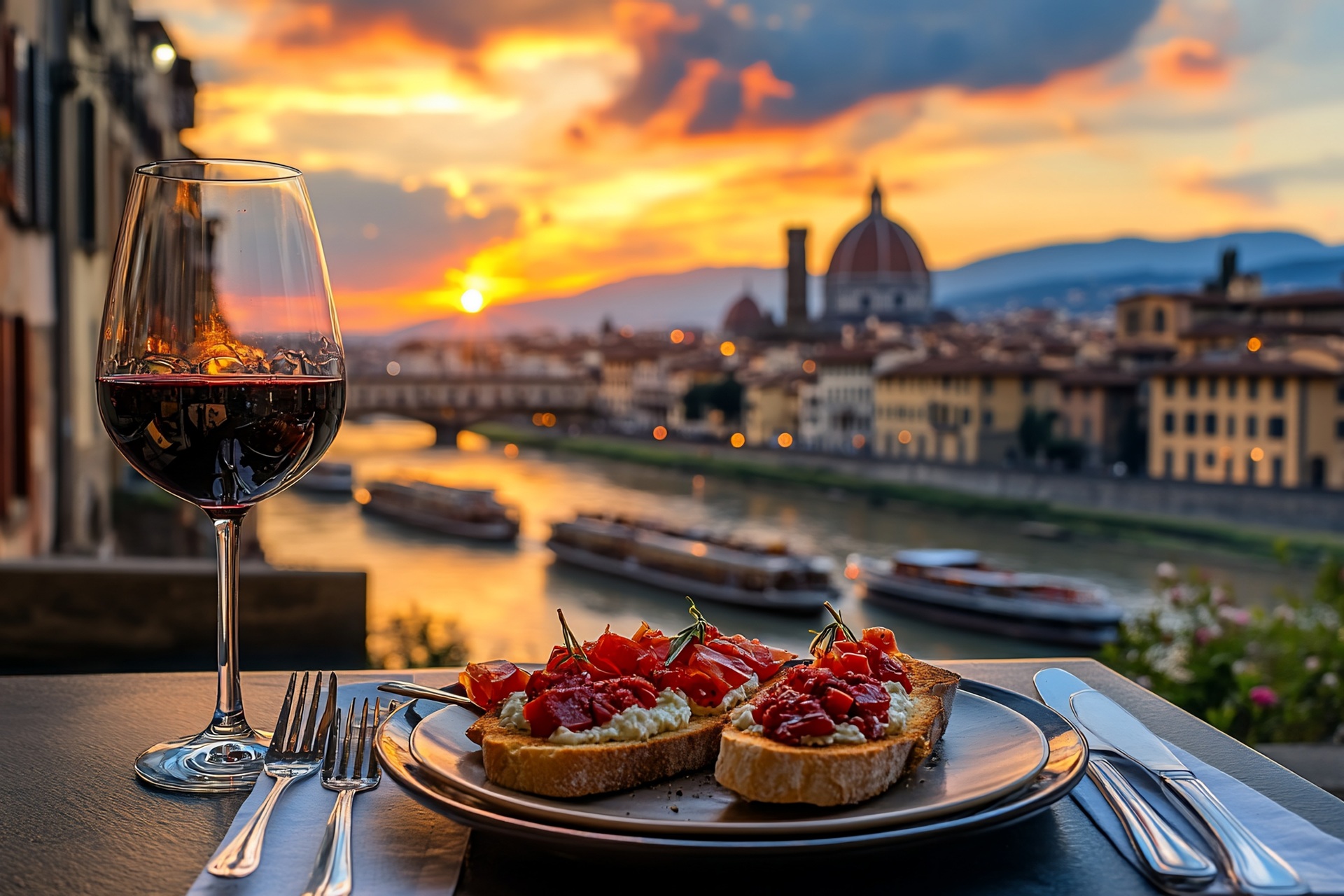 Rotweinglas und Bruschetta bei Sonnenuntergang | Weingut Bassermann Jordan