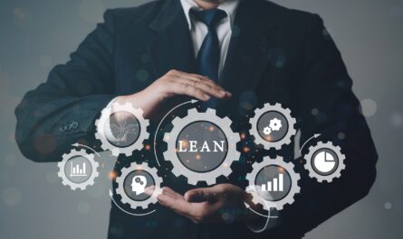 Businessmann zeigt digitale Zahnräder mit Lean-Konzept | Logistikplanung