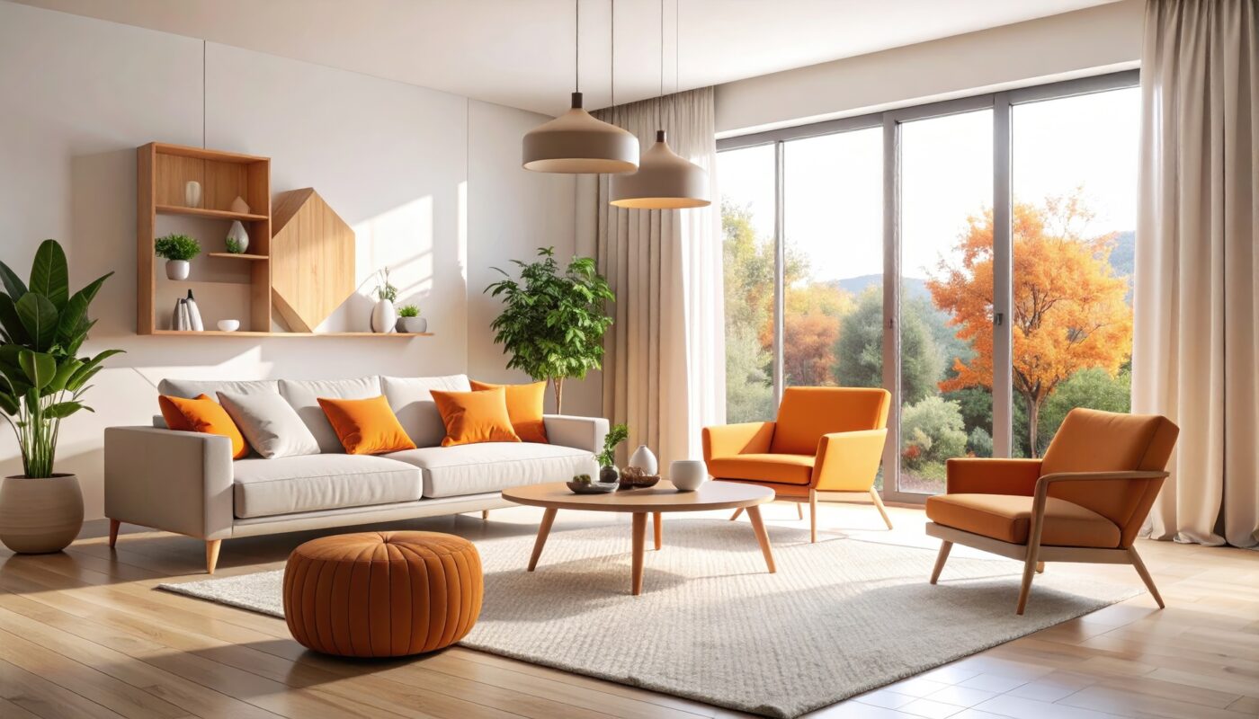 Modernes Wohnzimmer mit orangen Akzenten | Garderobenständer kaufen