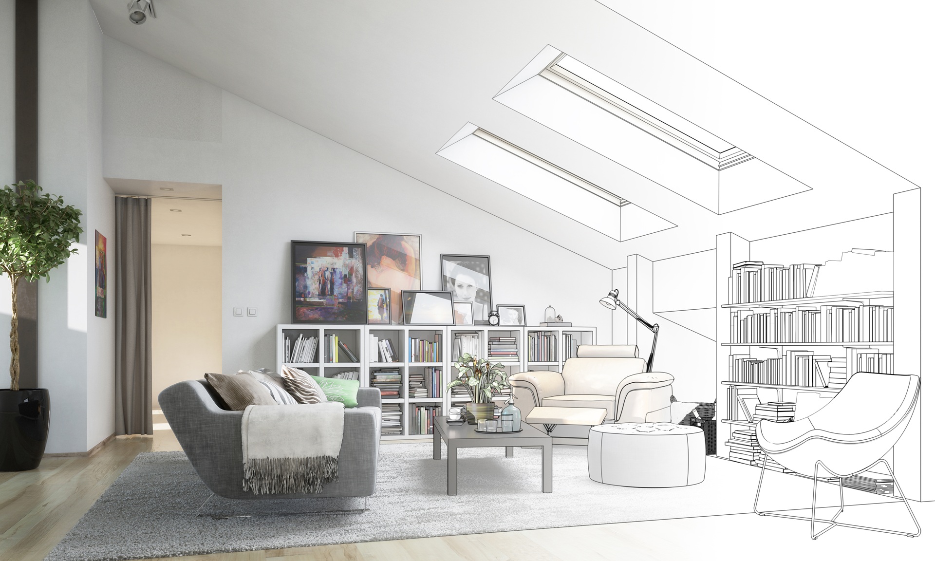 Moderne Wohnraumskizze neben realem Raum | Brennholz Augsburg